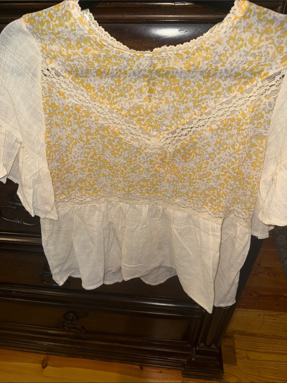 Umgee Cream Peplum Blouse with Yellow Floral Yoke